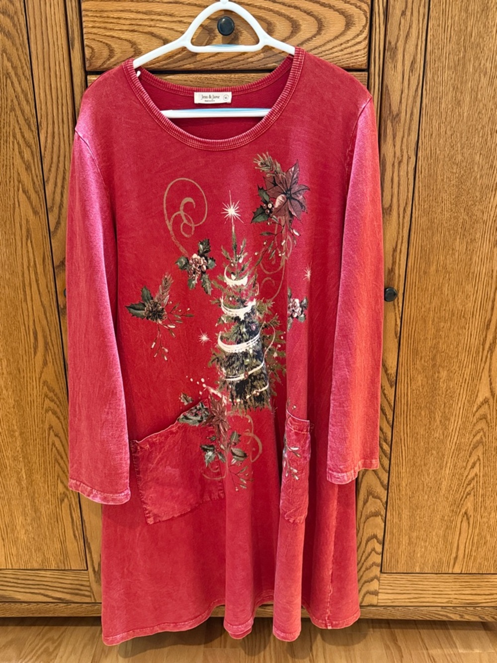 Red Long-Sleeve Holiday Tunic with Tree Motif